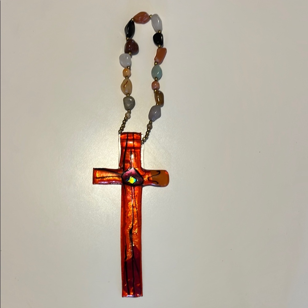 Colorful Handmade Dichroic Cross with Beaded Polished Stones
